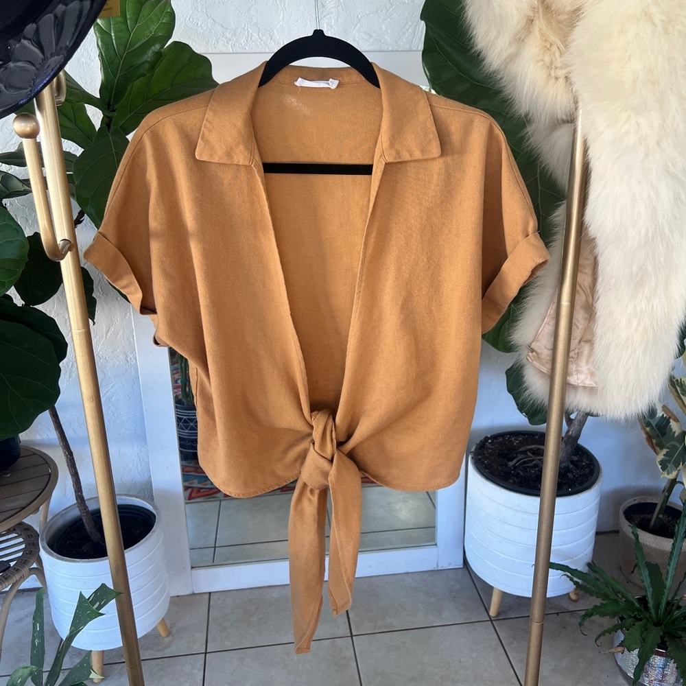 Lush Linen Blend Tie Front Collared Top Size S